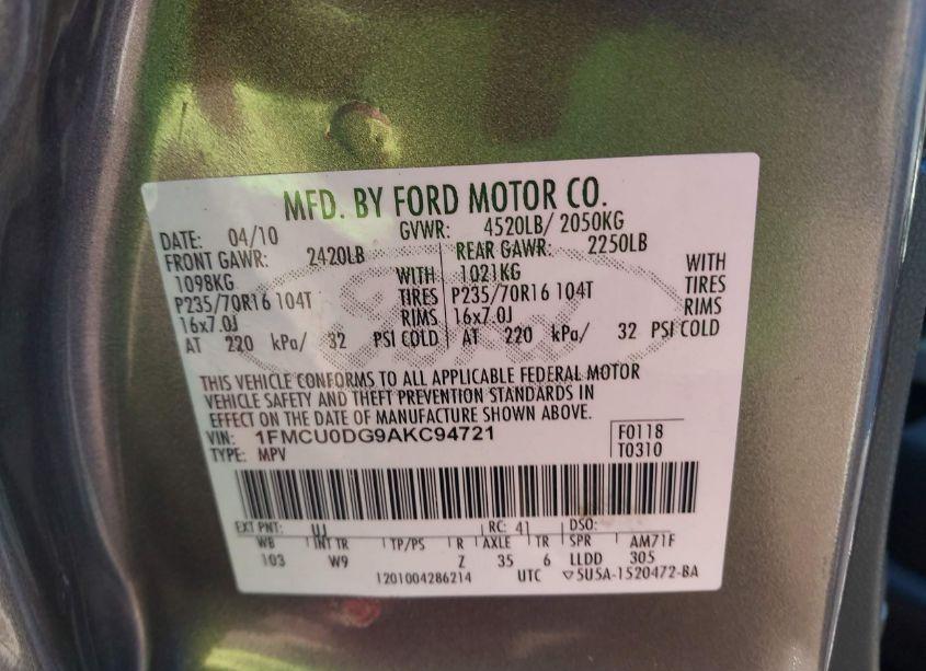 Photo 9 of 2010 Ford Escape XLT (VIN 1FMCU0DG9AKC94721)