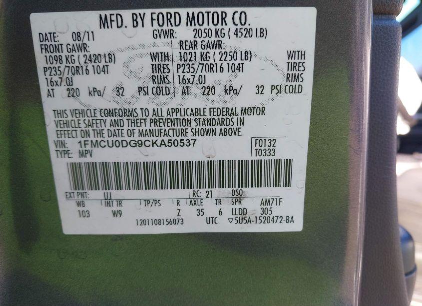 Photo 9 of 2012 Ford Escape XLT (VIN 1FMCU0DG9CKA50537)