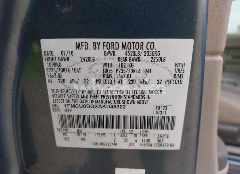 Photo 9 of 2010 Ford Escape XLT (VIN 1FMCU0DGXAKD45322)