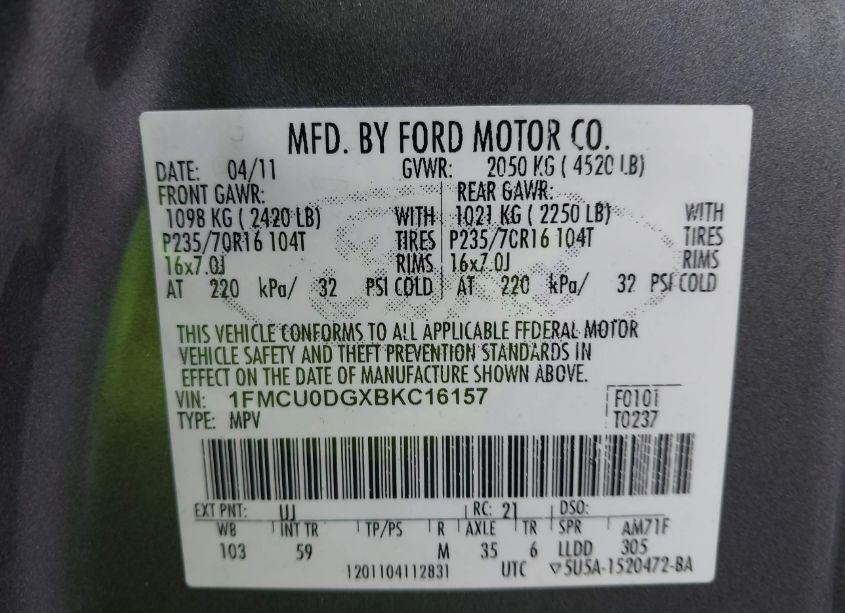 Photo 9 of 2011 Ford Escape XLT (VIN 1FMCU0DGXBKC16157)