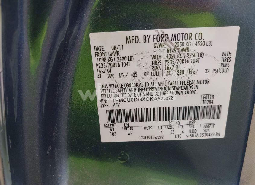 Photo 9 of 2012 Ford Escape XLT (VIN 1FMCU0DGXCKA57352)