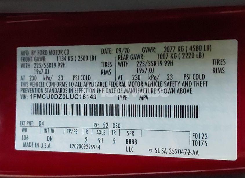 Photo 9 of 2020 Ford Escape TITANIUM HYBRID (VIN 1FMCU0DZ0LUC16143)