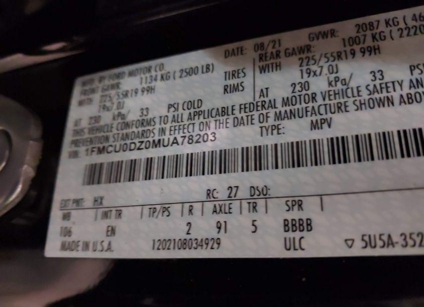 Photo 9 of 2021 Ford Escape TITANIUM HYBRID (VIN 1FMCU0DZ0MUA78203)