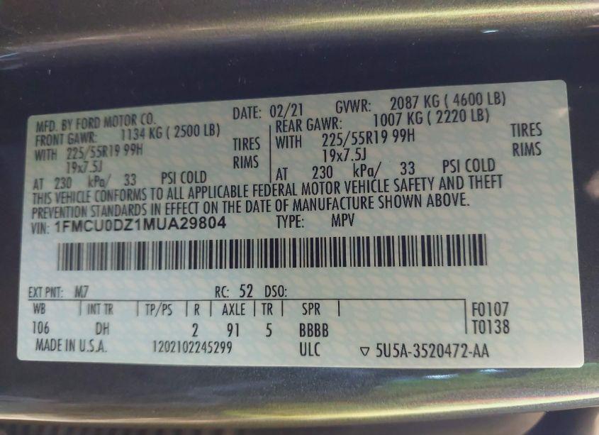 Photo 9 of 2021 Ford Escape TITANIUM HYBRID (VIN 1FMCU0DZ1MUA29804)