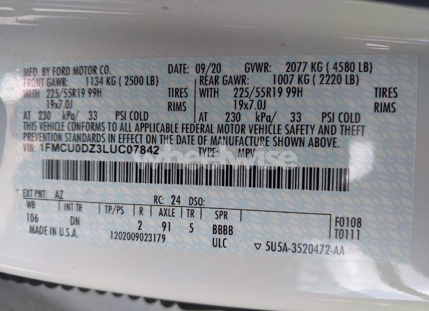 Photo 9 of 2020 Ford Escape TITANIUM HYBRID (VIN 1FMCU0DZ3LUC07842)