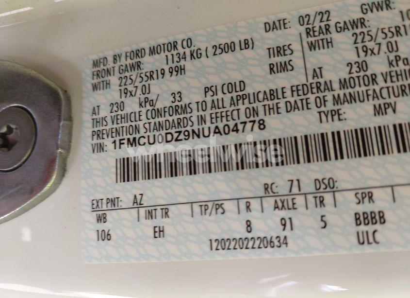 Photo 9 of 2022 Ford Escape TITANIUM HYBRID (VIN 1FMCU0DZ9NUA04778)