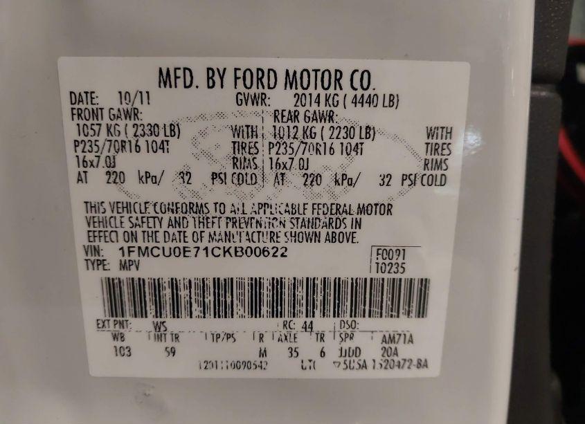 Photo 9 of 2012 Ford Escape LIMITED (VIN 1FMCU0E71CKB00622)