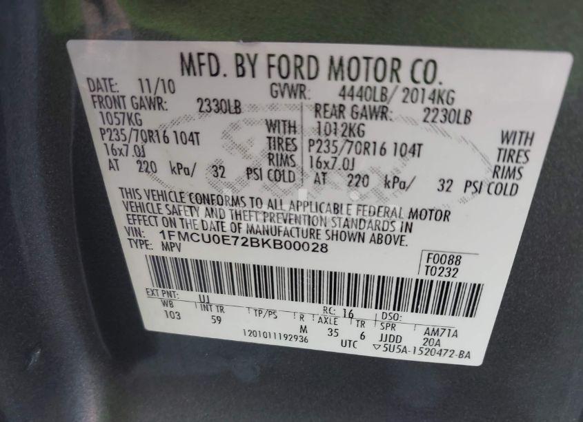 Photo 9 of 2011 Ford Escape LIMITED (VIN 1FMCU0E72BKB00028)