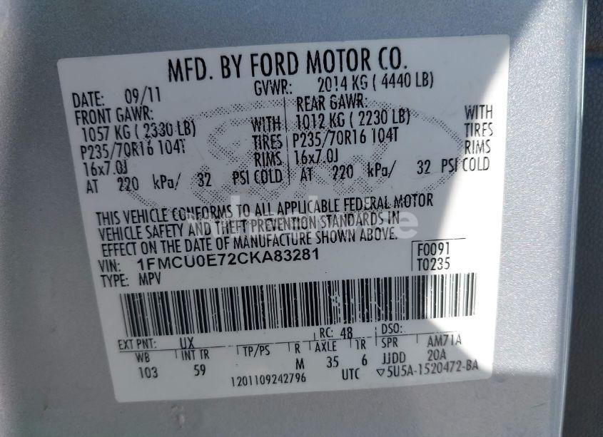 Photo 9 of 2012 Ford Escape LIMITED (VIN 1FMCU0E72CKA83281)