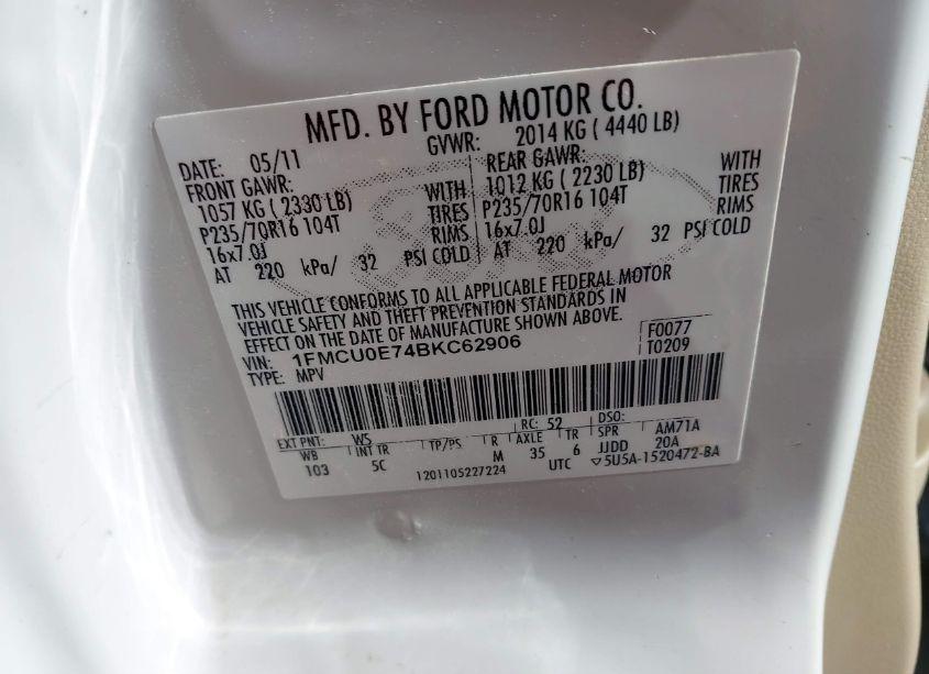 Photo 9 of 2011 Ford Escape LIMITED (VIN 1FMCU0E74BKC62906)