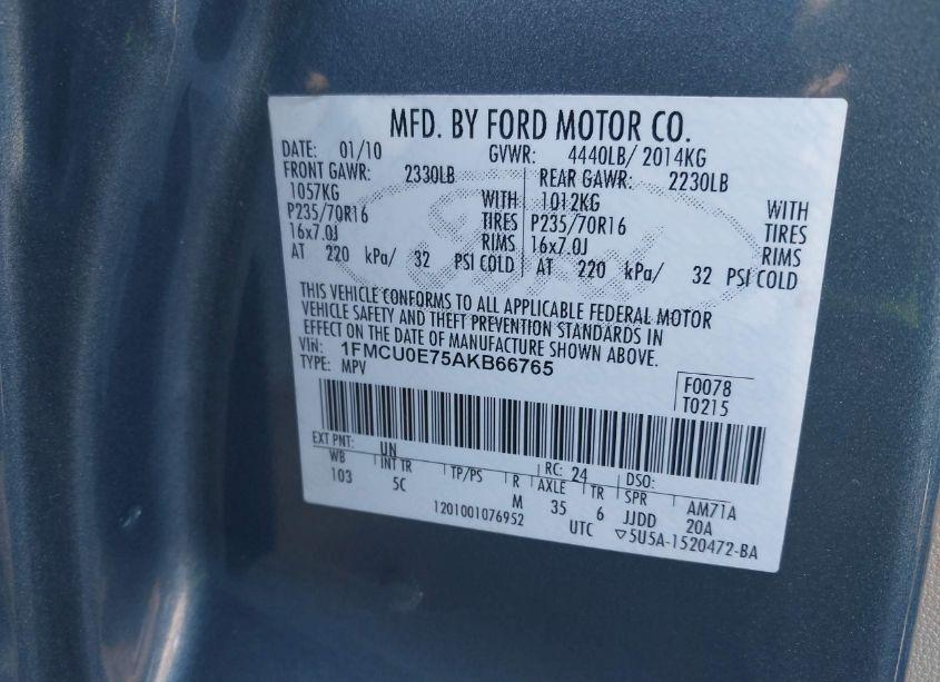 Photo 9 of 2010 Ford Escape LIMITED (VIN 1FMCU0E75AKB66765)