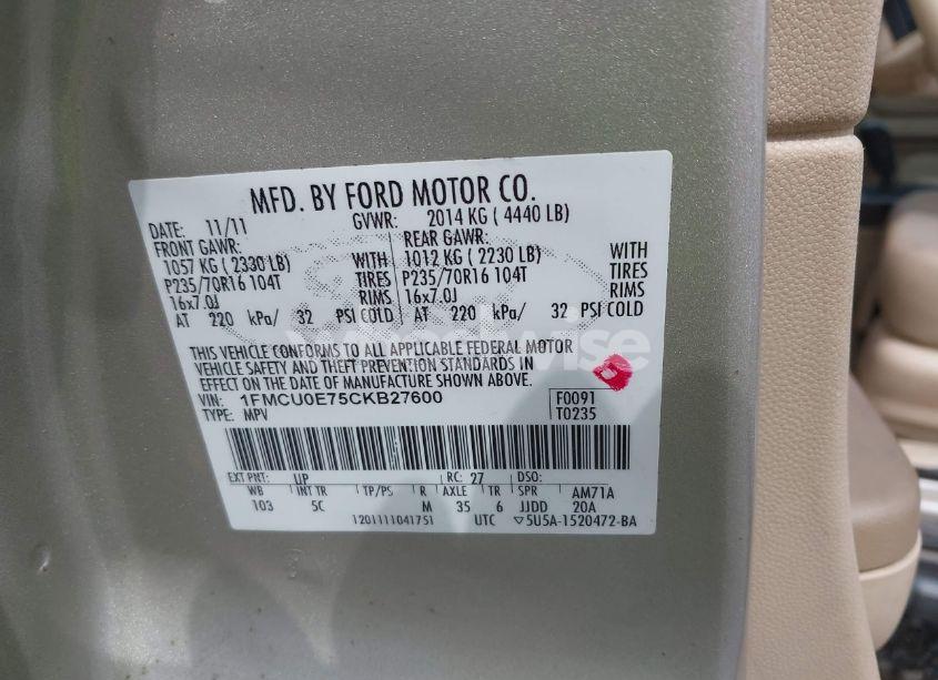 Photo 9 of 2012 Ford Escape LIMITED (VIN 1FMCU0E75CKB27600)