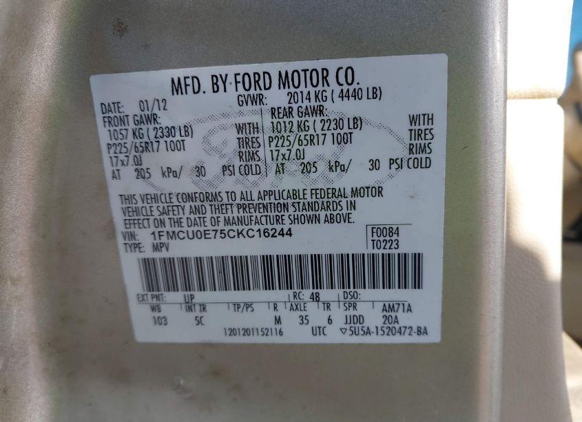 Photo 9 of 2012 Ford Escape LIMITED (VIN 1FMCU0E75CKC16244)