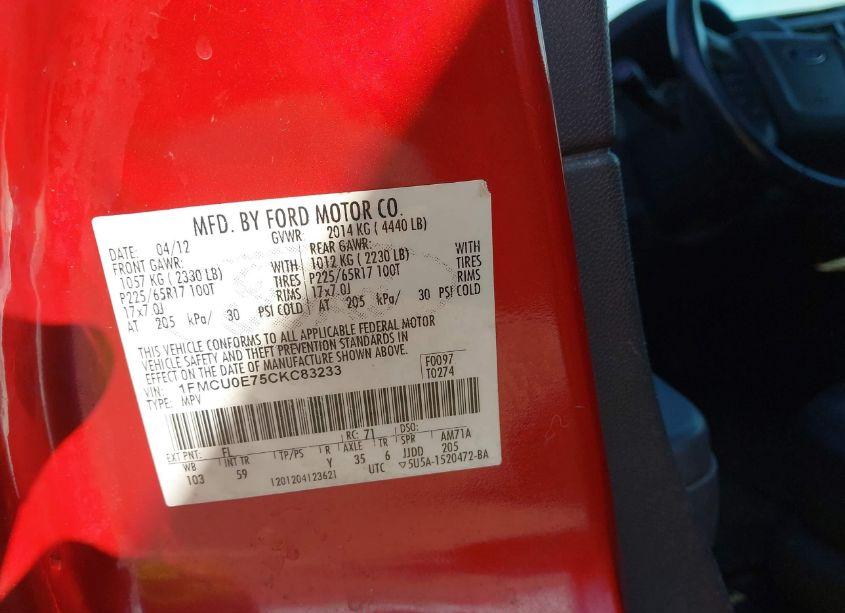 Photo 9 of 2012 Ford Escape LIMITED (VIN 1FMCU0E75CKC83233)