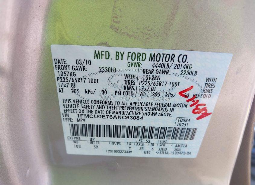 Photo 9 of 2010 Ford Escape LIMITED (VIN 1FMCU0E76AKC63084)