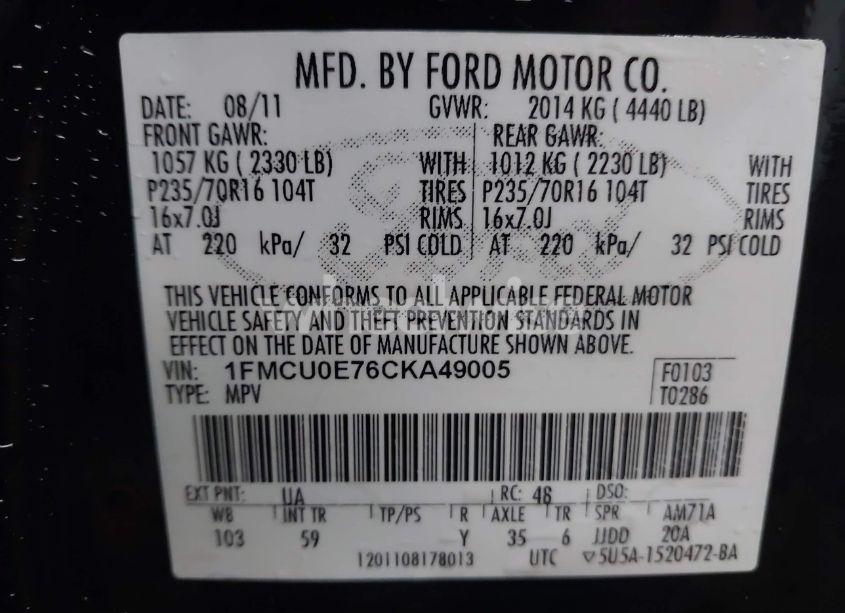 Photo 9 of 2012 Ford Escape LIMITED (VIN 1FMCU0E76CKA49005)