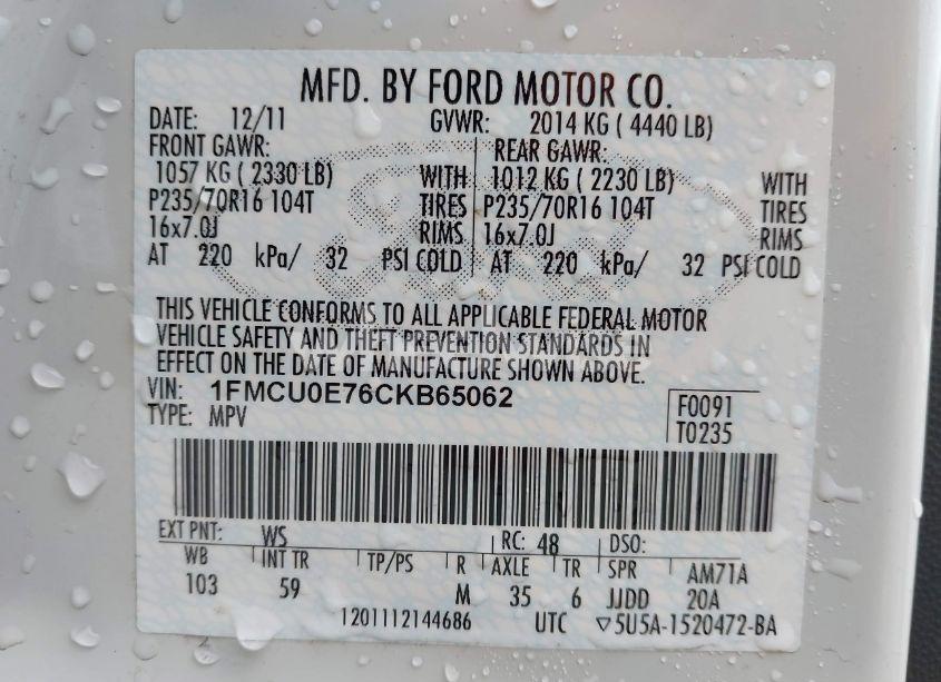 Photo 9 of 2012 Ford Escape LIMITED (VIN 1FMCU0E76CKB65062)