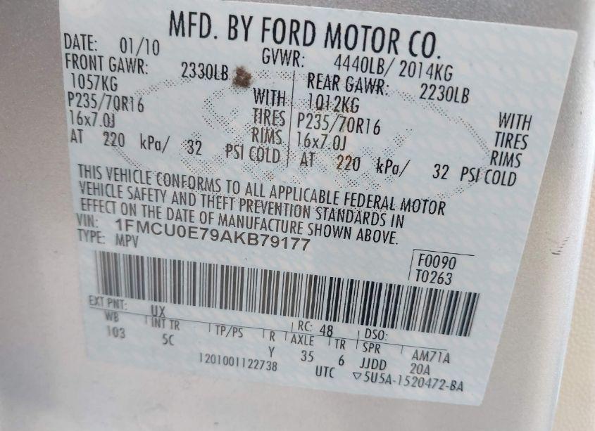 Photo 9 of 2010 Ford Escape LIMITED (VIN 1FMCU0E79AKB79177)