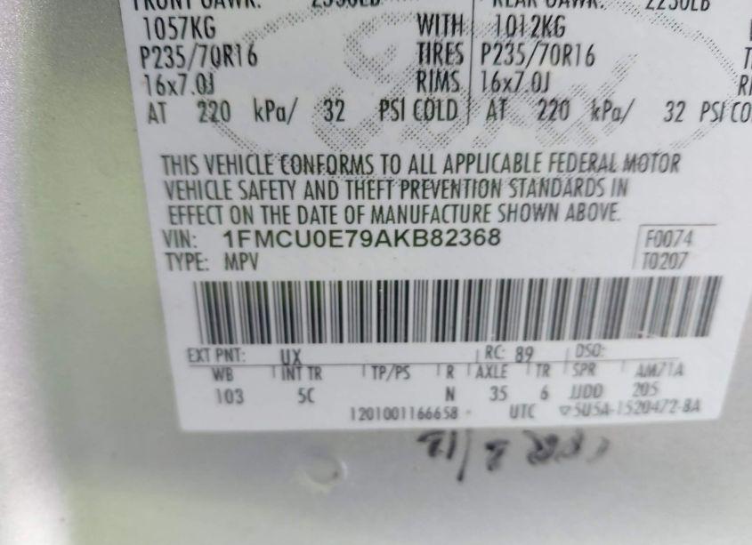 Photo 9 of 2010 Ford Escape LIMITED (VIN 1FMCU0E79AKB82368)