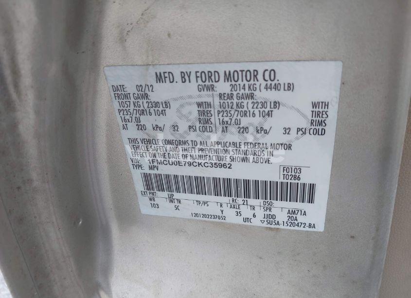 Photo 9 of 2012 Ford Escape LIMITED (VIN 1FMCU0E79CKC35962)