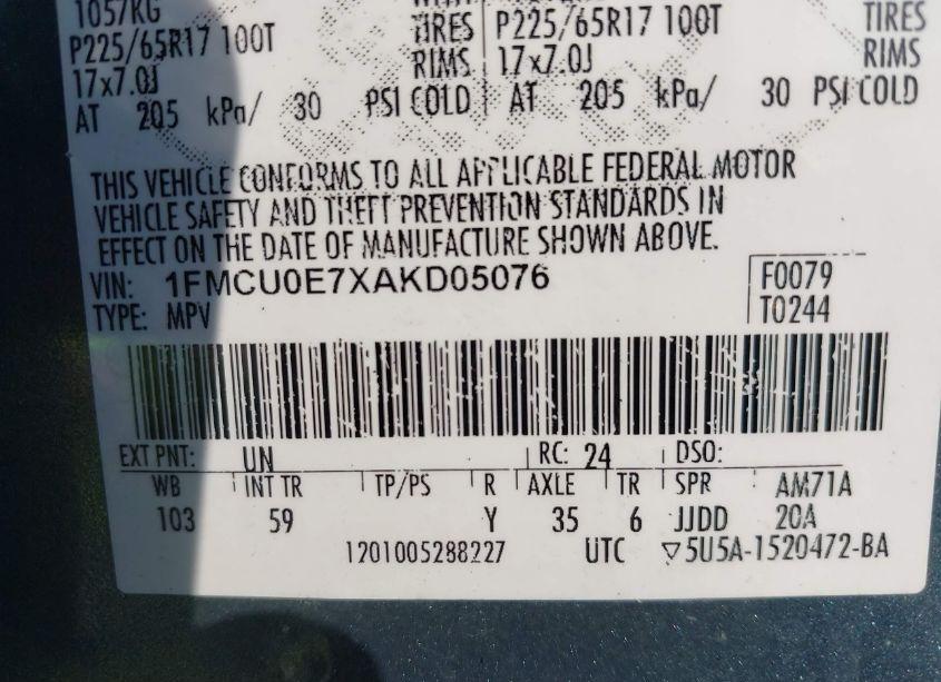 Photo 9 of 2010 Ford Escape LIMITED (VIN 1FMCU0E7XAKD05076)