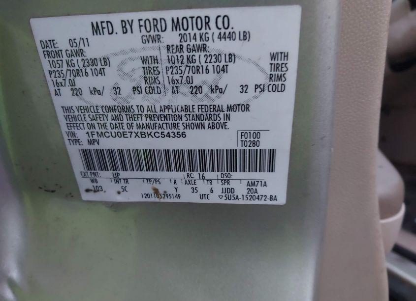 Photo 9 of 2011 Ford Escape LIMITED (VIN 1FMCU0E7XBKC54356)