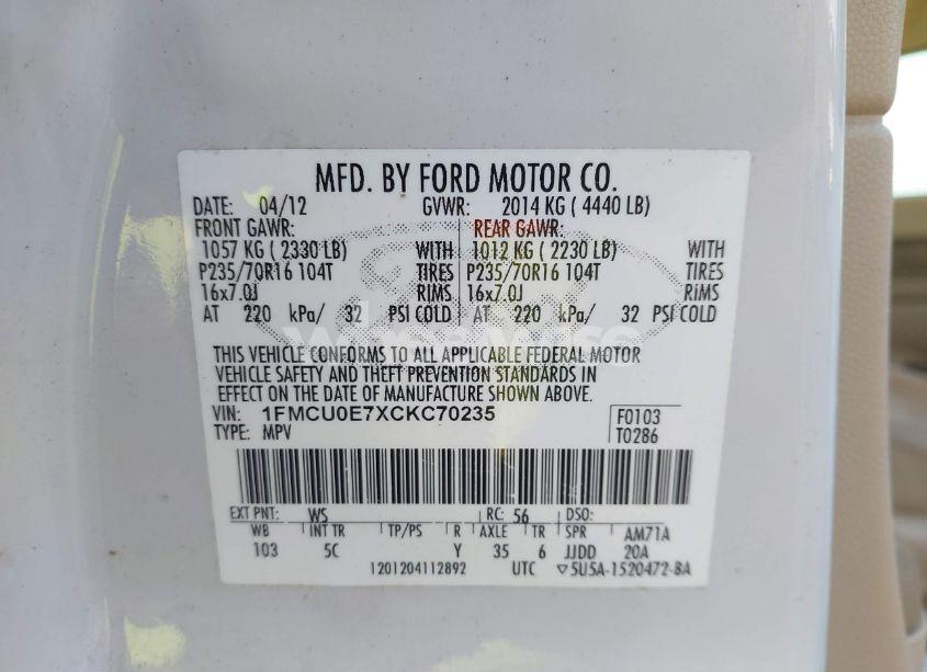 Photo 9 of 2012 Ford Escape LIMITED (VIN 1FMCU0E7XCKC70235)