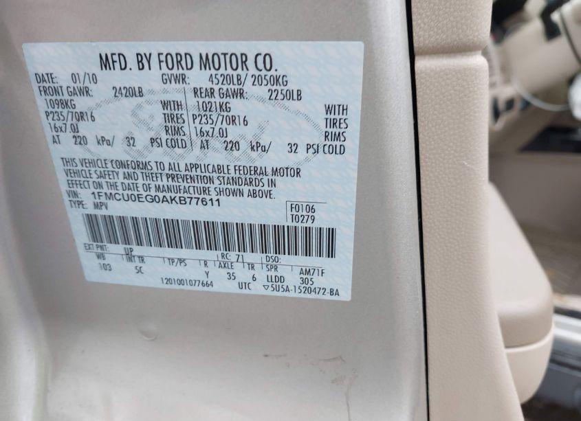 Photo 9 of 2010 Ford Escape LIMITED (VIN 1FMCU0EG0AKB77611)