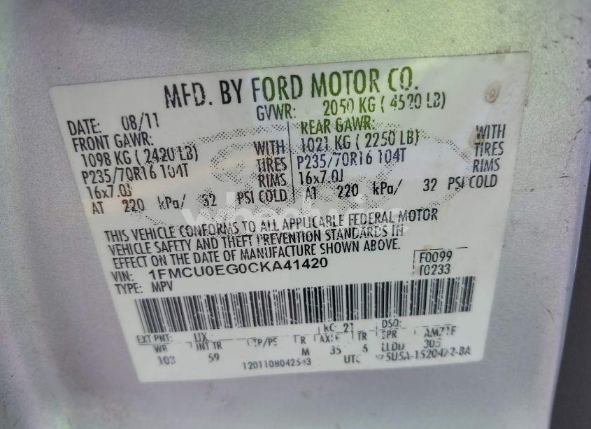 Photo 9 of 2012 Ford Escape LIMITED (VIN 1FMCU0EG0CKA41420)