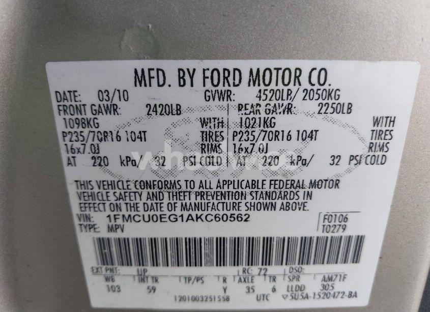 Photo 9 of 2010 Ford Escape LIMITED (VIN 1FMCU0EG1AKC60562)