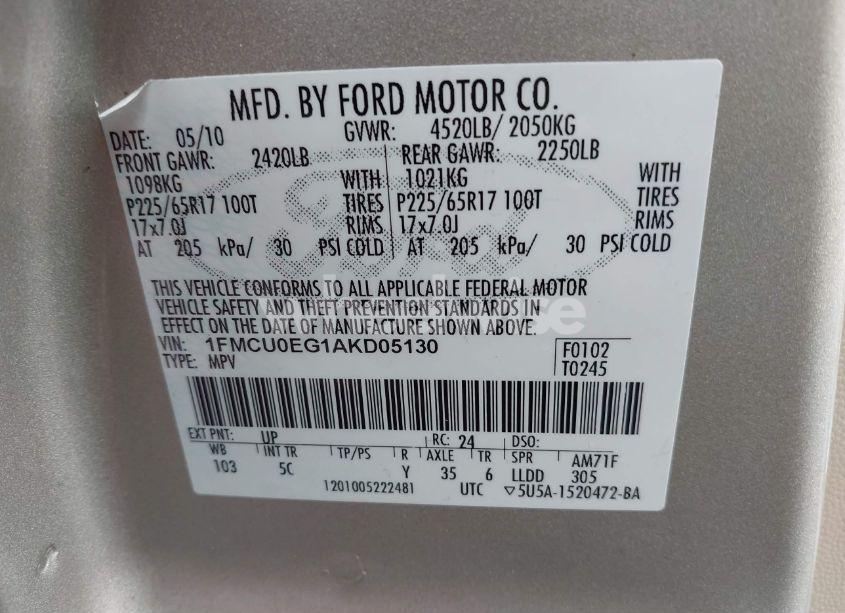 Photo 9 of 2010 Ford Escape LIMITED (VIN 1FMCU0EG1AKD05130)