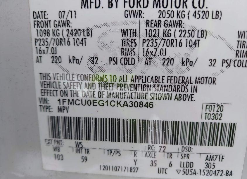 Photo 9 of 2012 Ford Escape LIMITED (VIN 1FMCU0EG1CKA30846)