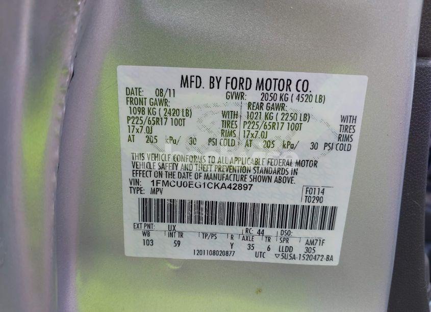 Photo 9 of 2012 Ford Escape LIMITED (VIN 1FMCU0EG1CKA42897)