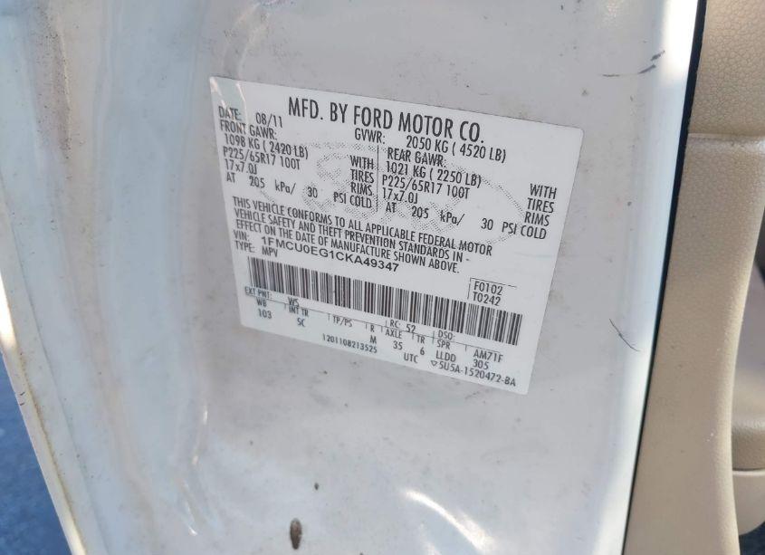 Photo 9 of 2012 Ford Escape LIMITED (VIN 1FMCU0EG1CKA49347)