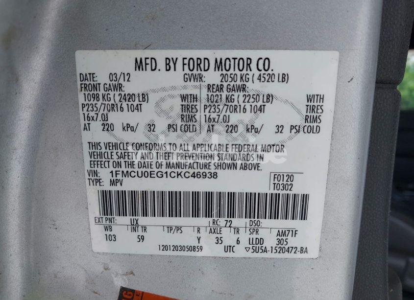 Photo 9 of 2012 Ford Escape LIMITED (VIN 1FMCU0EG1CKC46938)