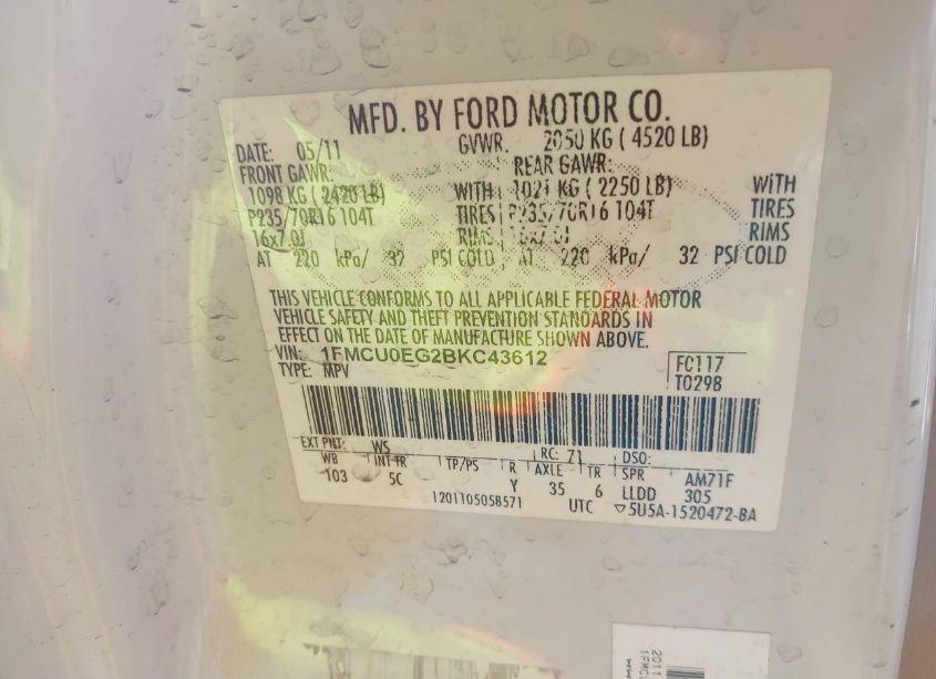 Photo 9 of 2011 Ford Escape LIMITED (VIN 1FMCU0EG2BKC43612)