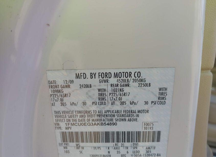 Photo 9 of 2010 Ford Escape LIMITED (VIN 1FMCU0EG3AKB54890)