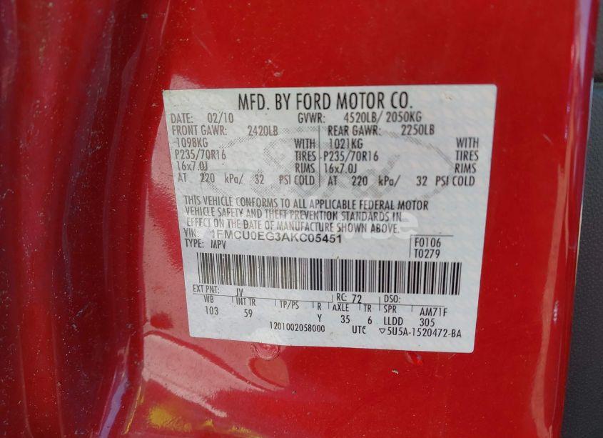 Photo 9 of 2010 Ford Escape LIMITED (VIN 1FMCU0EG3AKC05451)