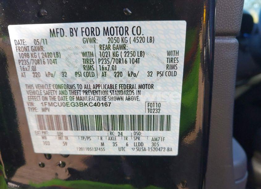 Photo 9 of 2011 Ford Escape LIMITED (VIN 1FMCU0EG3BKC40167)