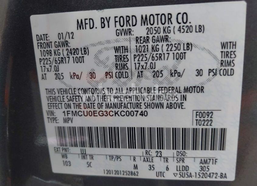 Photo 9 of 2012 Ford Escape LIMITED (VIN 1FMCU0EG3CKC00740)