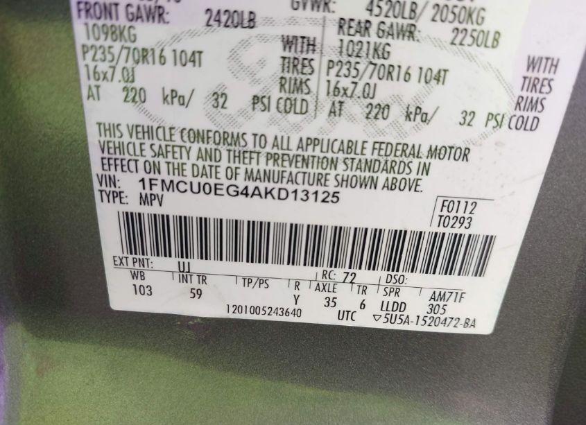 Photo 9 of 2010 Ford Escape LIMITED (VIN 1FMCU0EG4AKD13125)