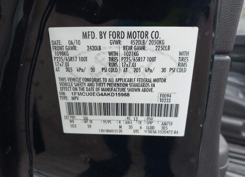 Photo 9 of 2010 Ford Escape LIMITED (VIN 1FMCU0EG4AKD15988)