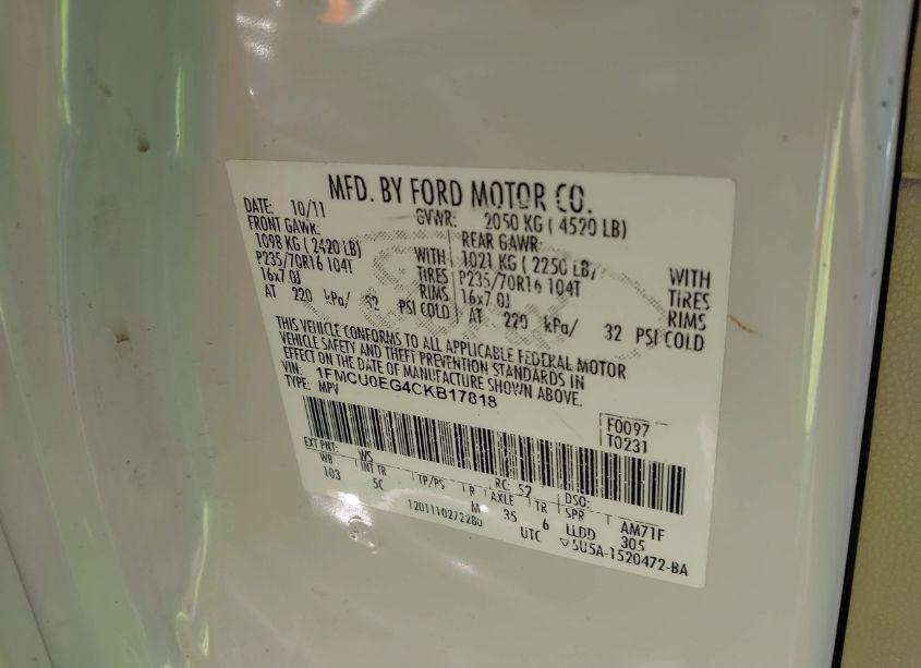 Photo 9 of 2012 Ford Escape LIMITED (VIN 1FMCU0EG4CKB17818)