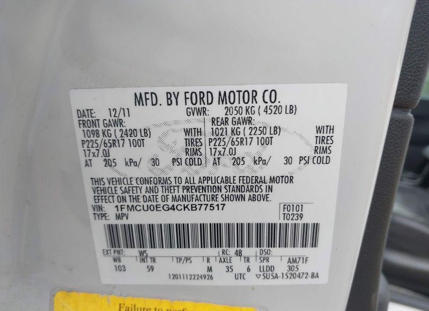 Photo 9 of 2012 Ford Escape LIMITED (VIN 1FMCU0EG4CKB77517)