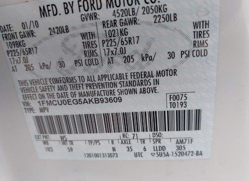 Photo 9 of 2010 Ford Escape LIMITED (VIN 1FMCU0EG5AKB93609)