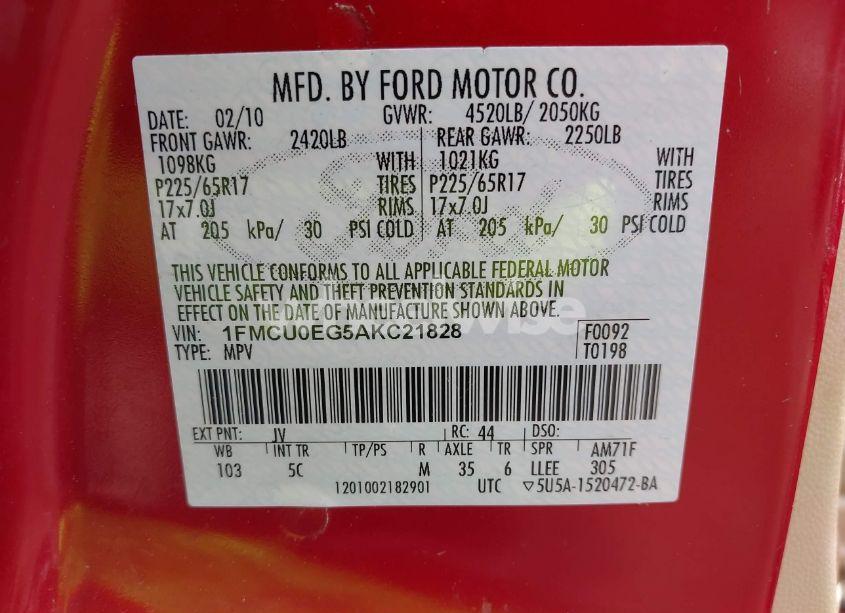 Photo 9 of 2010 Ford Escape LIMITED (VIN 1FMCU0EG5AKC21828)