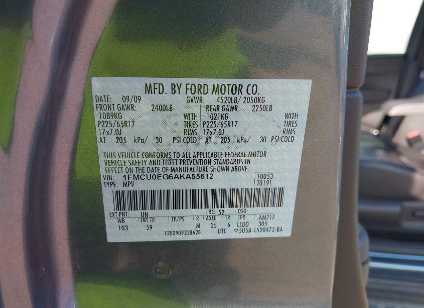 Photo 9 of 2010 Ford Escape LIMITED (VIN 1FMCU0EG6AKA55612)