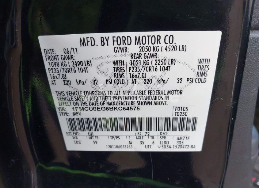 Photo 9 of 2011 Ford Escape LIMITED (VIN 1FMCU0EG6BKC64575)