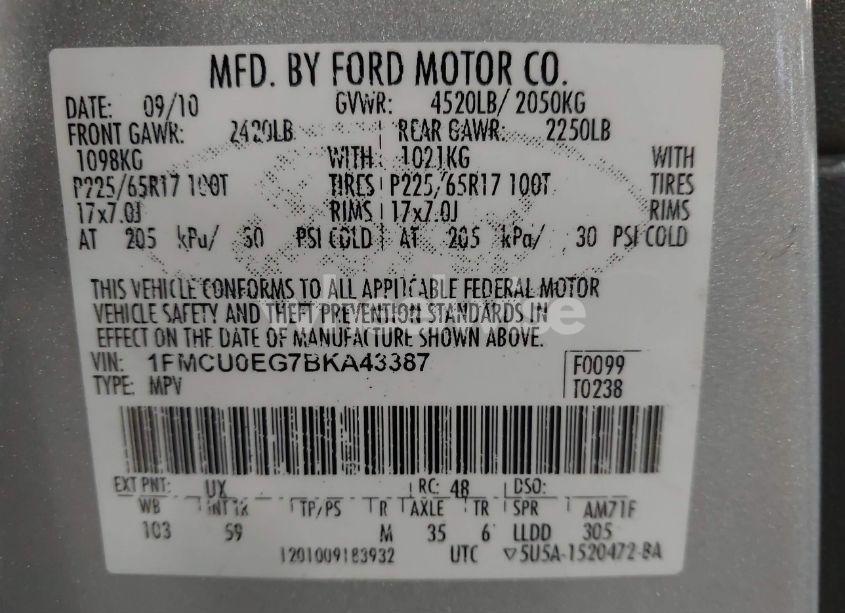 Photo 9 of 2011 Ford Escape LIMITED (VIN 1FMCU0EG7BKA43387)