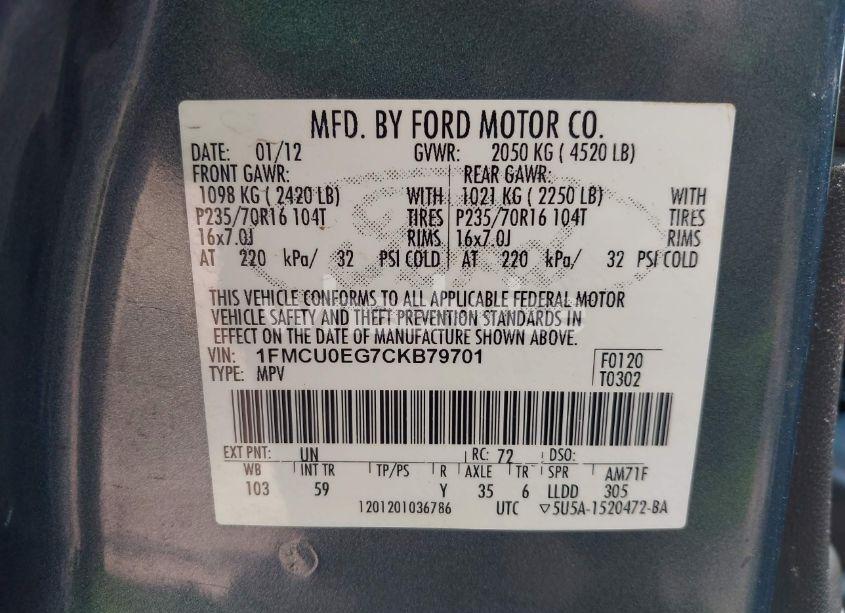 Photo 9 of 2012 Ford Escape LIMITED (VIN 1FMCU0EG7CKB79701)